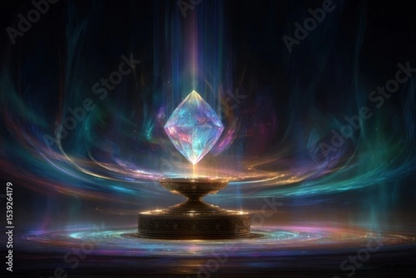 Fototapeta A shimmering crystal diamond resting on a pedestal with ethereal light and swirling energy around it