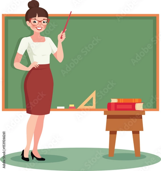 Obraz Cartoon Female Teacher Standing by Chalkboard with Pointer