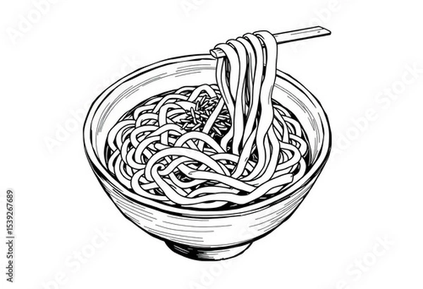 Fototapeta Black and white sketch of udon noodles in a bowl, vector illustration,  background,  white