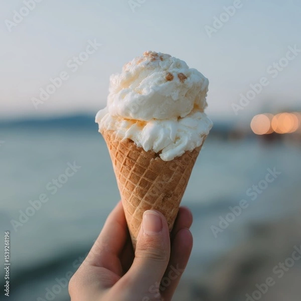 Fototapeta Vanilla ice cream cone in hand with a seascape sunset scene