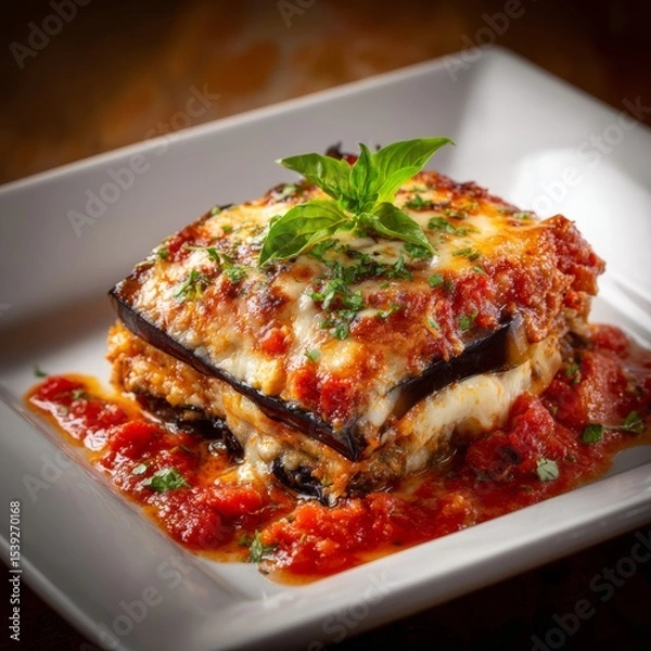 Fototapeta Delicious eggplant parmesan dish served with a fresh basil leaf. A culinary masterpiece that tantalizes the taste buds and evokes a sense of satisfaction.
