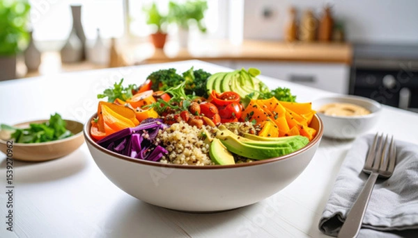 Obraz Vibrant quinoa bowl filled with colorful roasted vegetables, fresh greens, and creamy avocado, creating healthy and appetizing meal. This dish is perfect for nutritious lunch or dinner