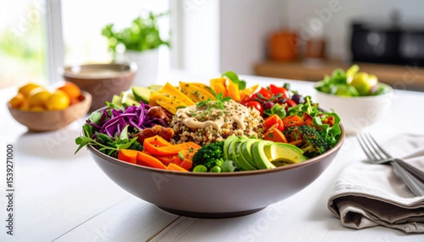 Obraz Vibrant quinoa bowl filled with colorful roasted vegetables, fresh greens, and creamy dressing, perfect for healthy meal. This dish is visually appealing and nutritious, ideal for any occasion