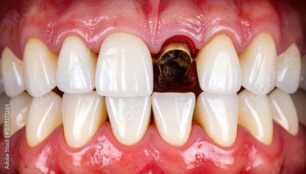 Obraz Close up view of human mouth showcasing set of white teeth, with wisdom tooth emerging unusual angle amidst healthy gums. image captures intricate details of dental anatomy, evoking curiosity