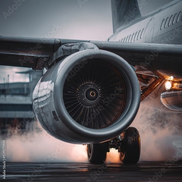 Fototapeta A powerful aircraft engine emits steam and stands ready for takeoff. The image showcases the strength and mechanical brilliance of modern aviation.
