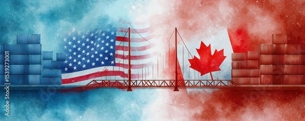 Fototapeta Trade tariffs imports  exports concept. Illustration of a bridge connecting the USA and Canada, with their flags and stacked shipping containers symbolizing trade and cross-border commerce.