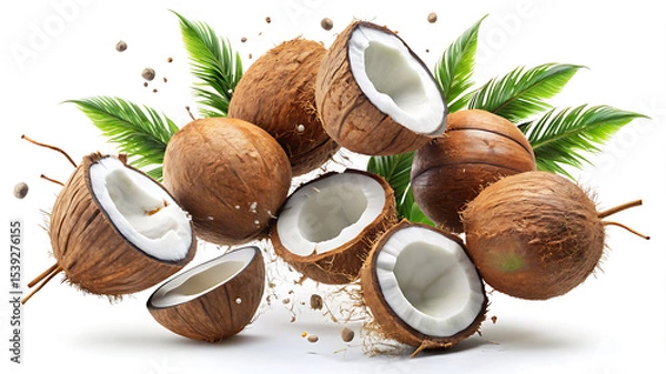 Fototapeta Coconuts and palm leaves in a dynamic arrangement on a white background