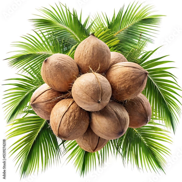 Fototapeta Pile of coconuts with lush tropical palm fronds on a white background