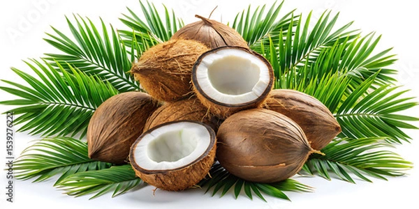 Fototapeta Arrangement of whole and halved coconuts with palm leaves on a white background