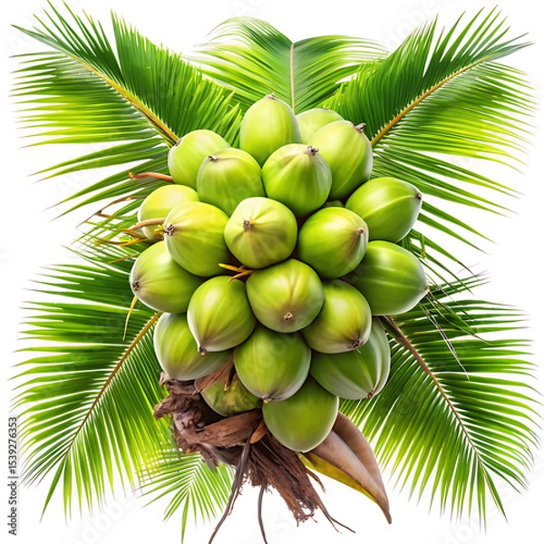 Fototapeta Abundant Harvest A CloseUp of Green Coconuts and Palm Fronds Against White