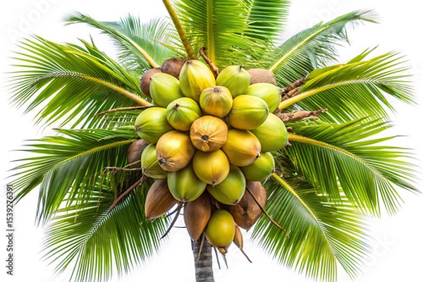 Fototapeta Lush Coconut Palm Tree Laden with a Bountiful Harvest of Fresh Coconuts