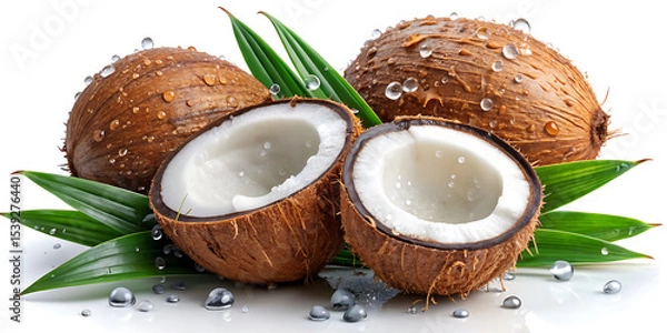 Fototapeta Fresh and Juicy Coconuts with Green Leaves and Water Droplets Studio Shot