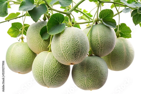 Fototapeta Closeup of thriving cantaloupe melons growing on the vine with green leaves