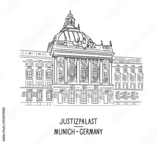 Fototapeta Palace of Justice in Munich Germany hand drawn vector illustration