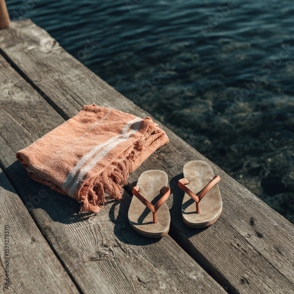 Fototapeta Relaxing beach scene with sandals and a towel on a wooden dock by the sea.  The calm water and soft colors create a serene atmosphere.