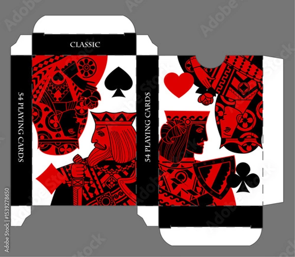 Fototapeta Playing card box template with card characters in red and black linear style and suit symbols on white background. Vector illustration