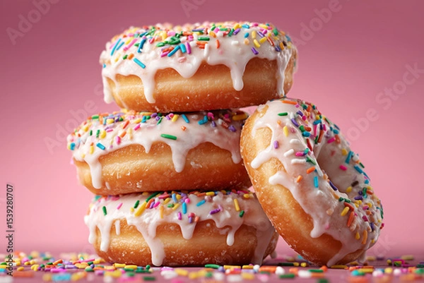 Fototapeta Stack of iced donuts with sprinkles