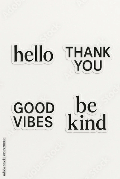 Fototapeta Four Stickers With Positive And Uplifting Messages: "Hello," "Thank You," "Good Vibes," And "Be Kind." The Stickers Are In A Simple Black And White Style.