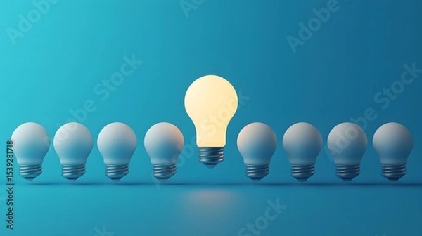Obraz Row of light bulbs with one illuminated on a blue background in studio shot