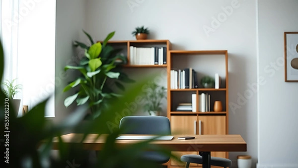 Obraz A zoom background photo of a minimalist modern office with a bookshelf and plants