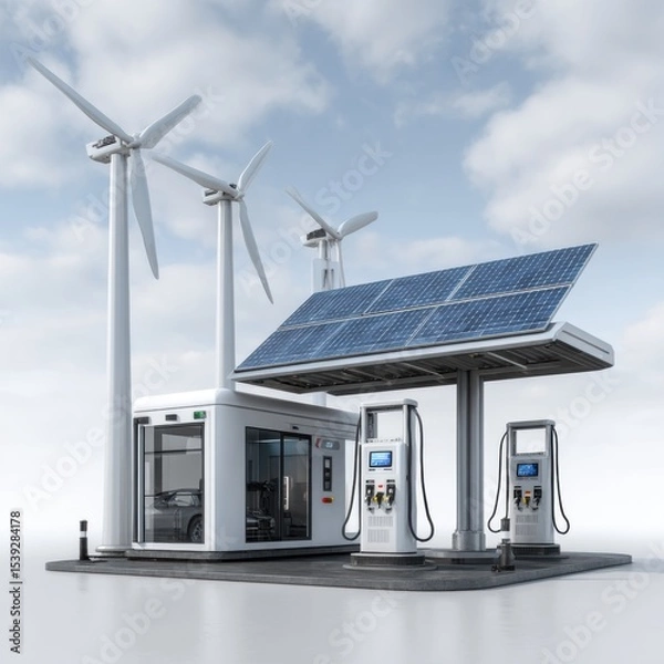 Obraz Eco-Friendly Gas Station with Wind Turbines and Solar Panels