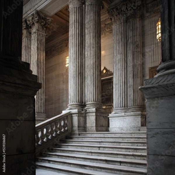 Fototapeta The grandeur of an old building with marble columns and staircases, emphasizing a sense of history and strength