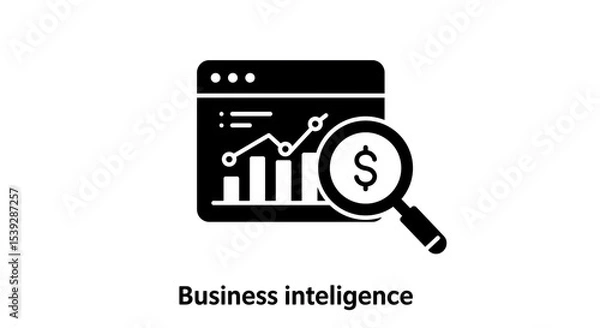 Obraz A black and white icon showing a graph, bars, and a magnifying glass with a dollar sign inside it