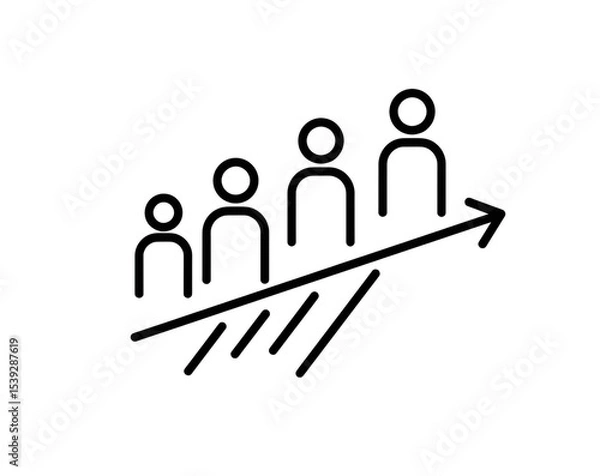 Obraz A line drawing showing a group of people progressively growing along an upward pointing arrow shape