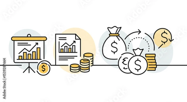 Obraz Illustration of financial growth charts, money bags, and coins, representing investment and returns