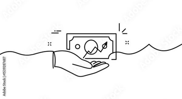 Obraz A single line drawing of a hand holding money with a graph indicating financial growth on a white background