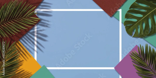 Obraz A flat lay composition featuring geometric shapes and palm leaves on the edges, with a white rectangular frame in the center against a blue background. The colors include green, brown, purple, orange,