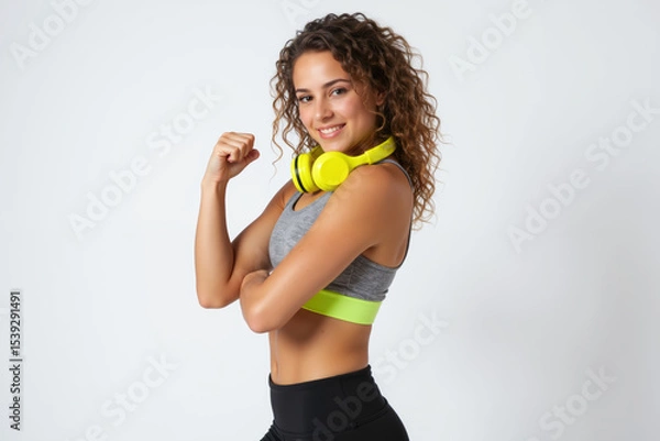 Obraz A smiling, curly-haired woman wearing a sports bra and headphones, flexing her arm confidently against a white background.
