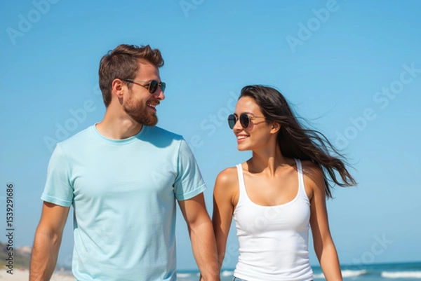 Obraz A smiling couple walking hand in hand on a sunny beach, with the man in a light blue shirt and sunglasses, and the woman in a white tank top and sunglasses.