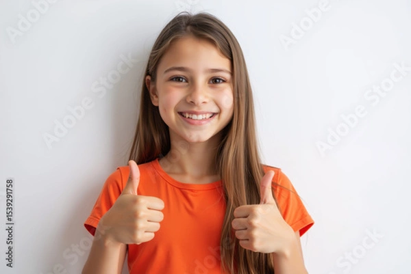 Obraz A smiling girl with long hair wearing an orange shirt, showing thumbs up, posing against a plain background.