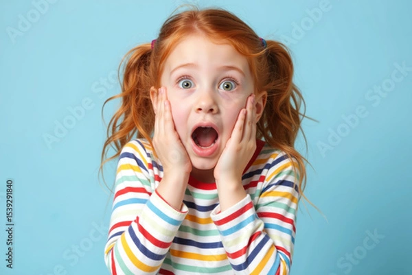Obraz A young girl with red hair in pigtails and a colorful striped shirt looks surprised with her hands on her cheeks.