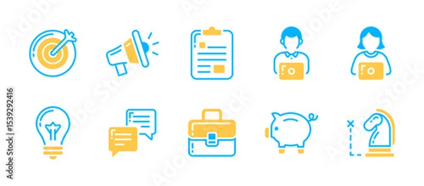 Obraz Business set icon in dual‑tone style featuring 10 core business icons including goal, alert, task board, employees, ideas, chat, portfolio, savings, strategic planning, business tools.