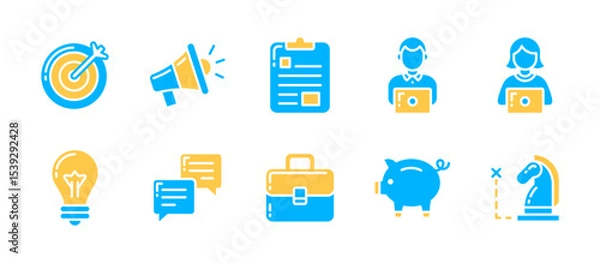 Obraz Business set icon in dual‑tone style featuring 10 core business icons including goal, alert, task board, employees, ideas, chat, portfolio, savings, strategic planning, business tools.