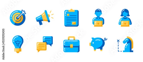 Obraz Business icon set in flat style with 10 modern vectors: goal marking, notifications, task planning, working staff, ideas, messaging, portfolio, savings, strategy tools.