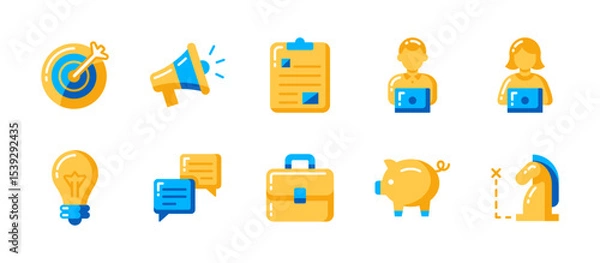 Obraz Business icon set in flat style with 10 modern vectors: goal marking, notifications, task planning, working staff, ideas, messaging, portfolio, savings, strategy tools.