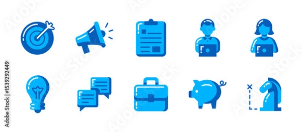Obraz Business icon set in flat style with 10 modern vectors: goal marking, notifications, task planning, working staff, ideas, messaging, portfolio, savings, strategy tools.