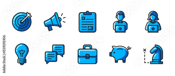Obraz Business icon set in colored outline style with 10 detailed icons: target, announcement, task, staff, ideas, chat, briefcase, savings, strategy. all in vibrant line art.
