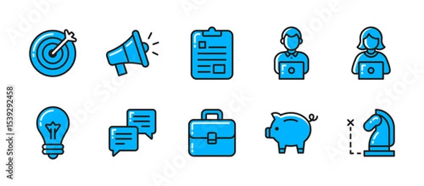 Obraz Business icon set in colored outline style with 10 detailed icons: target, announcement, task, staff, ideas, chat, briefcase, savings, strategy. all in vibrant line art.