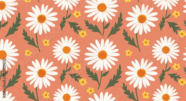 Obraz Lively pattern of daisies with white petals and orange centers on solid pink background