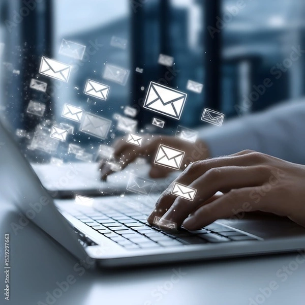 Obraz Person Typing on Laptop with Email Icons