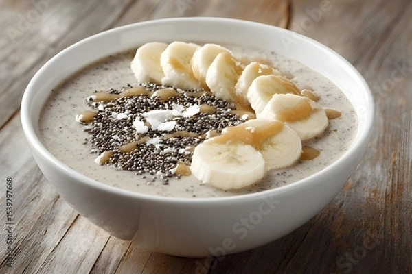 Obraz Banana Slices on Oatmeal with Chia Seeds and Caramel Drizzle