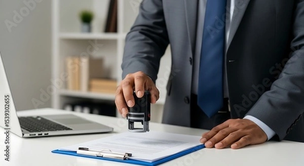 Fototapeta Business professional stamping a document. Man in a suit is holding a rubber stamp over a document on a clipboard in an office setting.