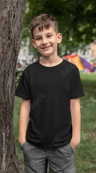 Fototapeta Boy in black t-shirt and shorts enjoys a sunny day playing in park surrounded by trees and colorful elements