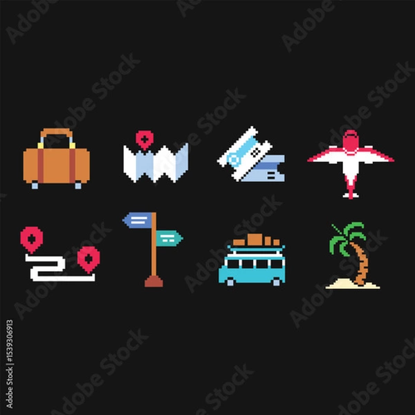 Fototapeta this is travel icon set in pixel art with colorful color and black background ,this item good for presentations,stickers, icons, t shirt design,game asset,logo and your project.