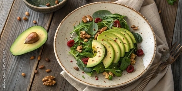 Fototapeta Fresh spinach salad topped with sliced avocado, walnuts, cranberries, and seeds, served on a rustic plate with a half avocado on the side.