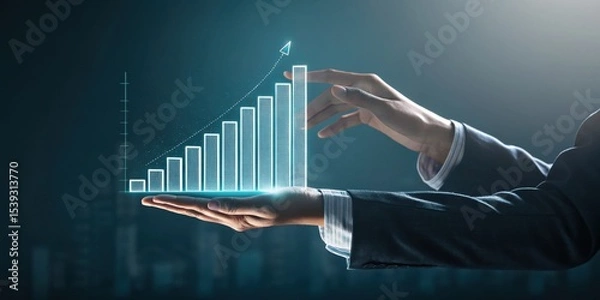 Fototapeta A businessman in a suit holding a glowing digital bar graph with a rising trend arrow, symbolizing growth and success.